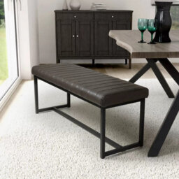Xample Archer Grey Faux Leather Dining Bench Vertical Stitching Black Metal Legs Modern Seating Bench Kitchen Dining Room