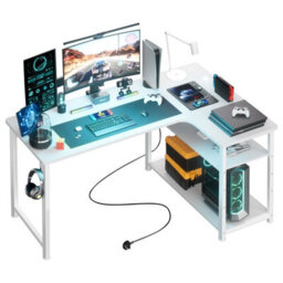 Gtplayer L Shaped Gaming Desk, 110X80Cm Power Outlets Corner Computer Desk With Shelves, Headphone Hook For Home Office, White