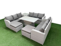 Fimous 11 Seater Outdoor Garden Furniture Set Adjustable Lifting Dining Or Coffee Table 3 Seater Sofa 2 Big Footstools Side Table - thumbnail 2