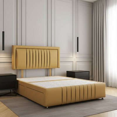 REGIONAL FURNISHINGS Mustard Plush Velvet Upholstered Divan Bed Set 24Inch Headboard & Footboard 2Drawers Footend & No Mattress In 4Ft 4Ft6 5Ft 6Ft - image 1