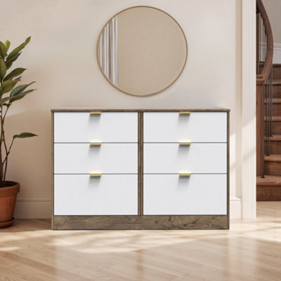 Nashville Ready Assembled Matt White & Oak 6 Drawer Wide Chest (H)792mm (W)1117mm (D)395mm - image 1