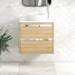Royal Bathrooms Orion 600mm Natural Oak Wall Hung Plain White Countertop Vanity Unit 2 Drawer With Round Basin & Chrome Accent Trim - thumbnail 1