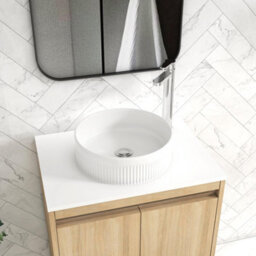 Royal Bathrooms Orion 600mm Natural Oak Wall Hung Plain White Countertop Vanity Unit 2 Drawer With Round Basin & Chrome Accent Trim - thumbnail 5