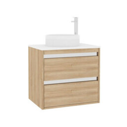 Royal Bathrooms Orion 600mm Natural Oak Wall Hung Plain White Countertop Vanity Unit 2 Drawer With Round Basin & Chrome Accent Trim - thumbnail 6