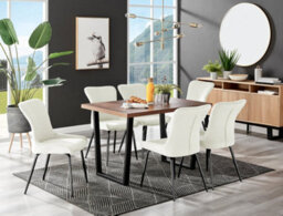 Furniturebox Kylo Brown Rectangular Wood Effect Dining Table & 6 Cream Velvet Nora Black Leg Chairs - thumbnail 1