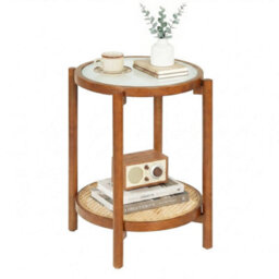 Round Side Table 2 Tier Boho End Table Bedside Table With Tempered Glass Top - thumbnail 4