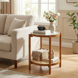 Round Side Table 2 Tier Boho End Table Bedside Table With Tempered Glass Top - thumbnail 3