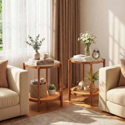 Round Side Table 2 Tier Boho End Table Bedside Table With Tempered Glass Top - thumbnail 6