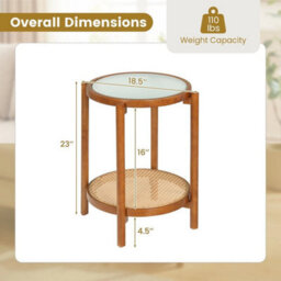 Round Side Table 2 Tier Boho End Table Bedside Table With Tempered Glass Top - thumbnail 2