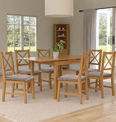 Hallowood Furniture Waverly Small Extending Table With 6 Cross Back Oak Chairs With Steel Grey Fabric Seats - image 1