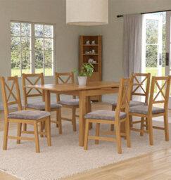 Hallowood Furniture Waverly Small Extending Table With 6 Cross Back Oak Chairs With Steel Grey Fabric Seats