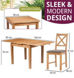 Hallowood Furniture Waverly Small Extending Table With 6 Cross Back Oak Chairs With Steel Grey Fabric Seats - thumbnail 3