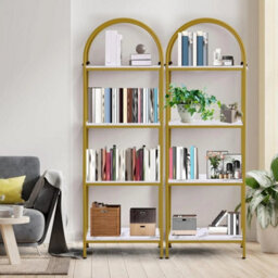Bookshelf Industrial Design Metal Frame Bookcase Golden White - thumbnail 3