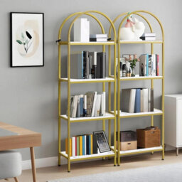 Bookshelf Industrial Design Metal Frame Bookcase Golden White - thumbnail 5