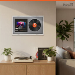 "30X17"" White Rustic Modern Vinyl Record Frame With Mid Grey Mount For 12 Inch Lp Album Cover & Disc - Ak Frames" - thumbnail 5