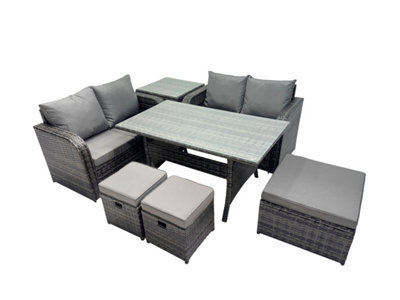 Fimous Wicker Pe Rattan Garden Outdoor Furniture Set Love Sofa Dining Table Sets With 3 Stools Side Table Dark Grey Mixed - image 1