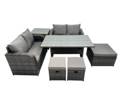 Fimous Wicker Pe Rattan Garden Outdoor Furniture Set Love Sofa Dining Table Sets With 3 Stools Side Table Dark Grey Mixed - thumbnail 2