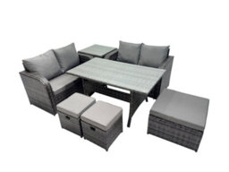 Fimous Wicker Pe Rattan Garden Outdoor Furniture Set Love Sofa Dining Table Sets With 3 Stools Side Table Dark Grey Mixed - thumbnail 1