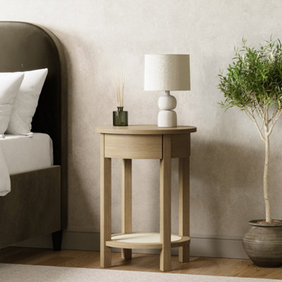 Light Oak Circular Bedside Table With Drawer And Shelf - image 1