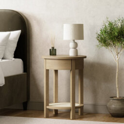 Light Oak Circular Bedside Table With Drawer And Shelf - thumbnail 1