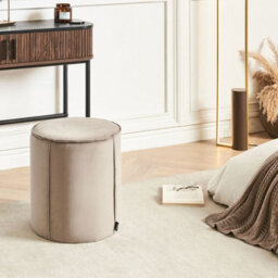 Wyld And Coco Velvet Taupe Round Pouffe 40 X 40 X 43 Cm - Rubberwood Base, Compact Accent Seat And Side Table - thumbnail 2