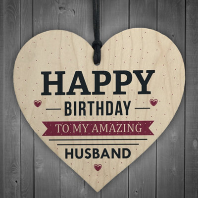 Red Ocean Happy Birthday Husband Wife Hubby Partner Wooden Heart Plaque Card Gift For Him - image 1