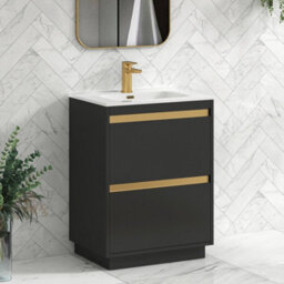 Royal Bathrooms Orion 600mm Matt Obsidian Black 2 Drawer Floor Standing Vanity Unit With Ceramic Basin & Brushed Brass Strip - thumbnail 5