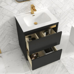 Royal Bathrooms Orion 600mm Matt Obsidian Black 2 Drawer Floor Standing Vanity Unit With Ceramic Basin & Brushed Brass Strip - thumbnail 4