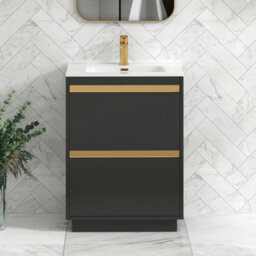 Royal Bathrooms Orion 600mm Matt Obsidian Black 2 Drawer Floor Standing Vanity Unit With Ceramic Basin & Brushed Brass Strip - thumbnail 2