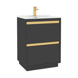 Royal Bathrooms Orion 600mm Matt Obsidian Black 2 Drawer Floor Standing Vanity Unit With Ceramic Basin & Brushed Brass Strip - thumbnail 7