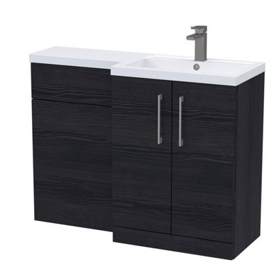 Balterley Right-Hand Bathroom Vanity And Wc Unit Combination With Basin - 1100mm - Woodgrain Black With Brushed Pewter Handles - image 1