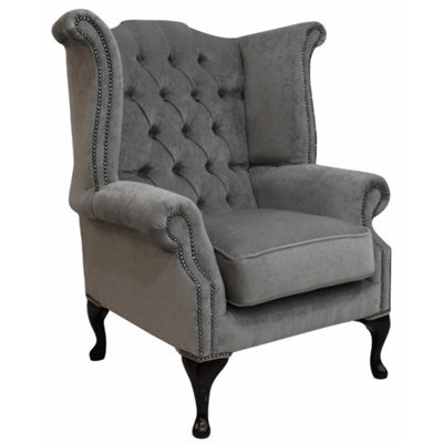 Chesterfield High Back Wing Chair Pimlico Grey Real Fabric In Queen Anne Style - image 1