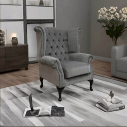 Chesterfield High Back Wing Chair Pimlico Grey Real Fabric In Queen Anne Style - thumbnail 4