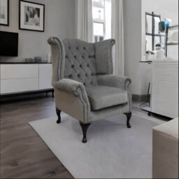 Chesterfield High Back Wing Chair Pimlico Grey Real Fabric In Queen Anne Style - thumbnail 3