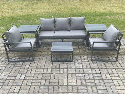 Fimous Aluminium Outdoor Garden Furniture Set Lounge Sofa 2 Pc Chairs Square Coffee Table Sets With 2 Side Tables Dark Grey - image 1