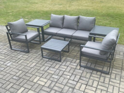 Fimous Aluminium Outdoor Garden Furniture Set Lounge Sofa 2 Pc Chairs Square Coffee Table Sets With 2 Side Tables Dark Grey - thumbnail 2