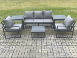 Fimous Aluminium Outdoor Garden Furniture Set Lounge Sofa 2 Pc Chairs Square Coffee Table Sets With 2 Side Tables Dark Grey - thumbnail 1