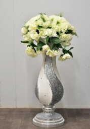 Biznest Luxury Floor Vase Crushed Diamond Effect Ceramic Decor Flower Pot Sparkly Mirrored Border Crystal White & Silver 80X35 Cm