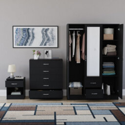 Lassic Vida Designs Riano 3 Piece Bedroom Set (1 Drawer Bedside Chest, 5 Drawer Chest, 3 Door 2 Drawer Mirrored Wardrobe), Black - thumbnail 2