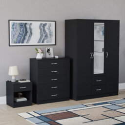 Lassic Vida Designs Riano 3 Piece Bedroom Set (1 Drawer Bedside Chest, 5 Drawer Chest, 3 Door 2 Drawer Mirrored Wardrobe), Black - thumbnail 6