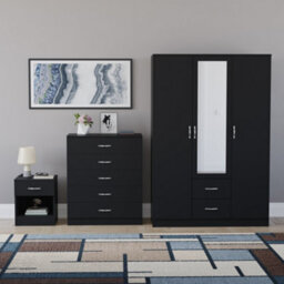 Lassic Vida Designs Riano 3 Piece Bedroom Set (1 Drawer Bedside Chest, 5 Drawer Chest, 3 Door 2 Drawer Mirrored Wardrobe), Black - thumbnail 7