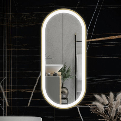RAK Ceramics Rak Picture Oval 550X1000mm Led Illuminated Bathroom Mirror With Touch Sensor & Demister - Brushed Gold, Ip44 - image 1