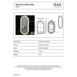 RAK Ceramics Rak Picture Oval 550X1000mm Led Illuminated Bathroom Mirror With Touch Sensor & Demister - Brushed Gold, Ip44 - thumbnail 2