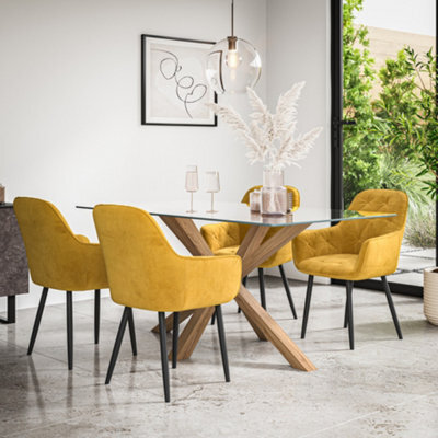 More4Homes Etta Glass Dining Table And Chairs - Glass Top W Solid Oak Legs + Anika Velvet Dining Chair Set Of 6 (Mustard) - image 1