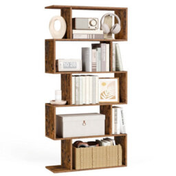 LEDREM Bookshelf, 5-Tier Bookcase, Room Divider, Cube Display Shelf, Freestanding Storage Shelf, For Living Room, Bedroom, Rustic Brown - thumbnail 3
