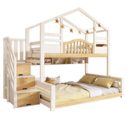 Btm Kids Bunk Bed With Storage Stairs, House Design, 90+135X190Cm, Solid Wood, White/natural - thumbnail 9