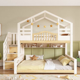 Btm Kids Bunk Bed With Storage Stairs, House Design, 90+135X190Cm, Solid Wood, White/natural - thumbnail 6