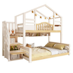 Btm Kids Bunk Bed With Storage Stairs, House Design, 90+135X190Cm, Solid Wood, White/natural - thumbnail 5