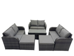 Fimous 3 Seater Sofa Reclining Chair Coffee Table Set Rattan Garden Outdoor Furniture Set With 2 Big Footstools Dark Grey Mixed - thumbnail 1