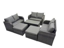 Fimous 3 Seater Sofa Reclining Chair Coffee Table Set Rattan Garden Outdoor Furniture Set With 2 Big Footstools Dark Grey Mixed - thumbnail 2